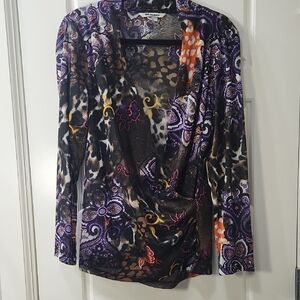 Nygard Collection Whimsigoth Cowlneck Long Sleeve Patterned Top Large